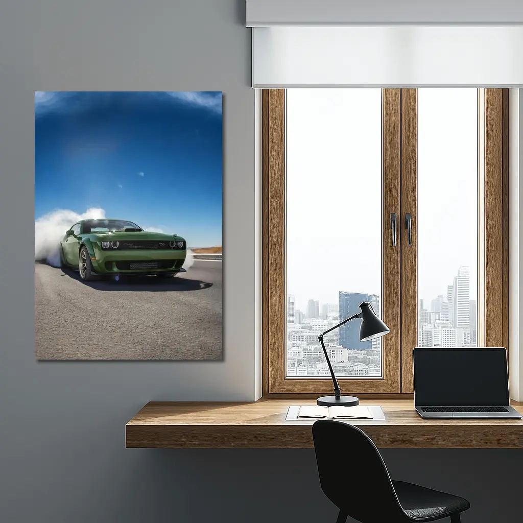 Dodge Challenger Green Muscle Car Burnout Road – Wall Art