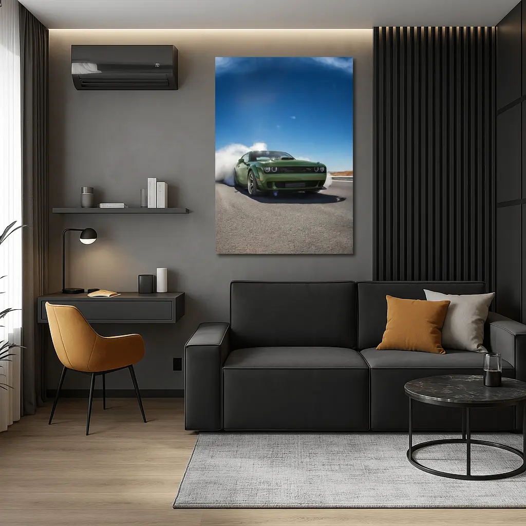 Dodge Challenger Green Muscle Car Burnout Road – Wall Art