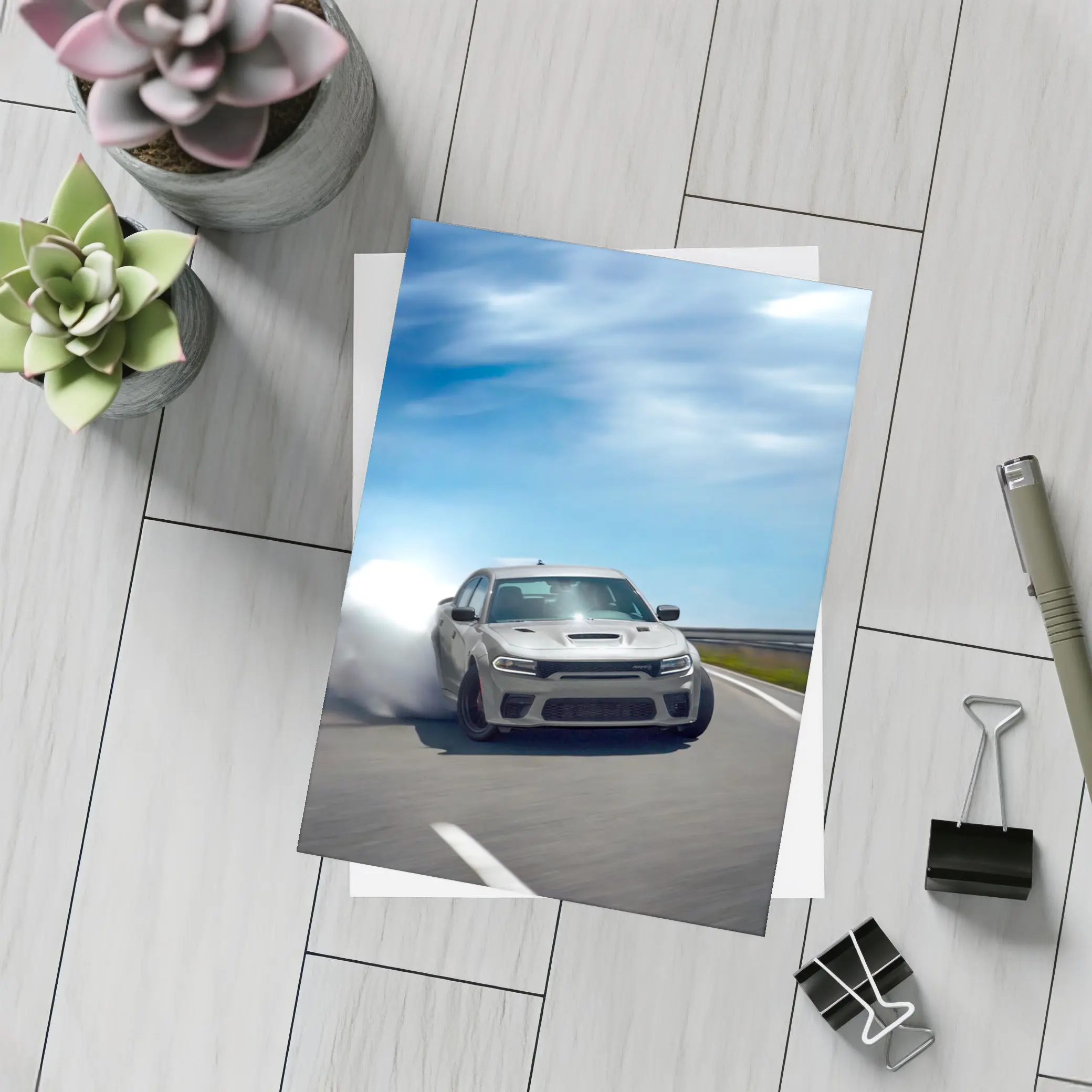 Dodge Charger Drifting on Open Road – Postcards