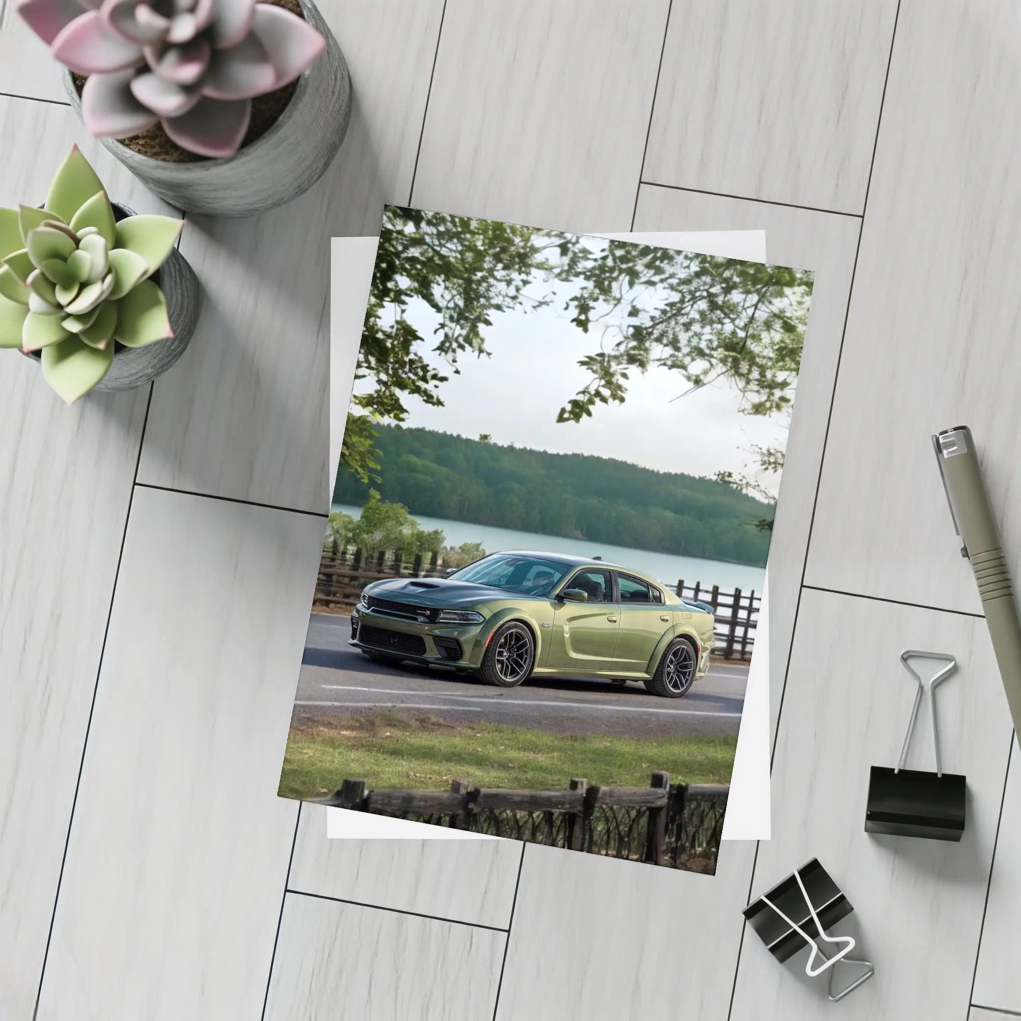 Dodge Charger Green Muscle Car By Lake – Postcards