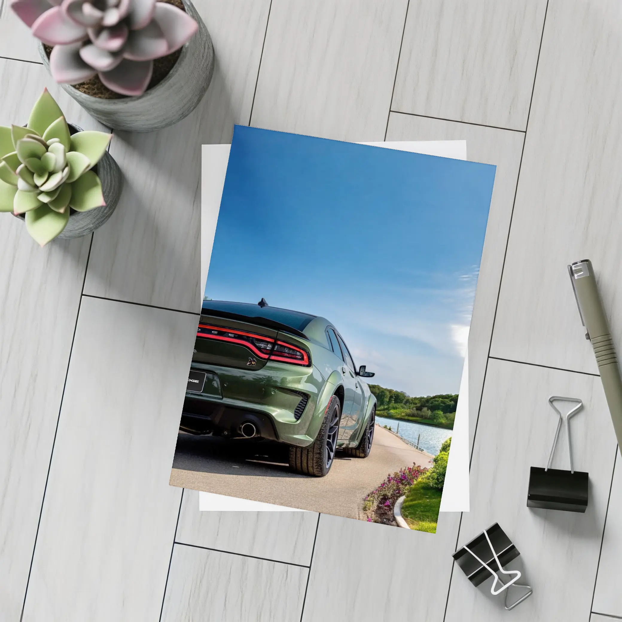 Dodge Charger Green Rear View Lakeside – Postcards