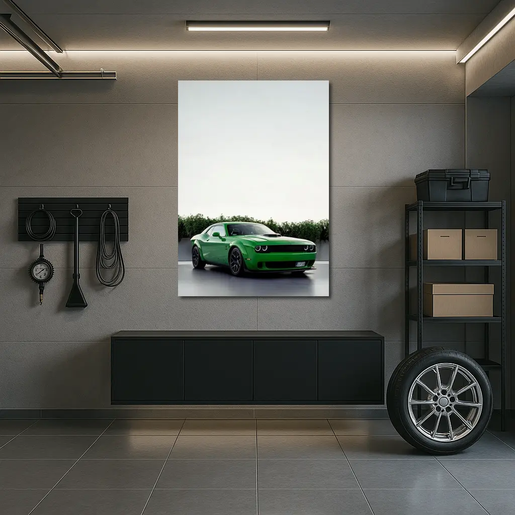 Dodge Challenger Green Muscle Car Parking Lot – Wall Art