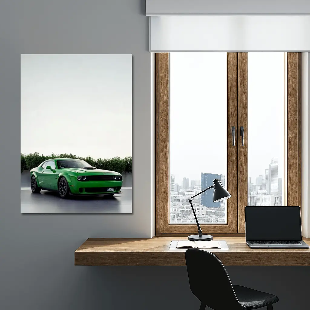 Dodge Challenger Green Muscle Car Parking Lot – Wall Art