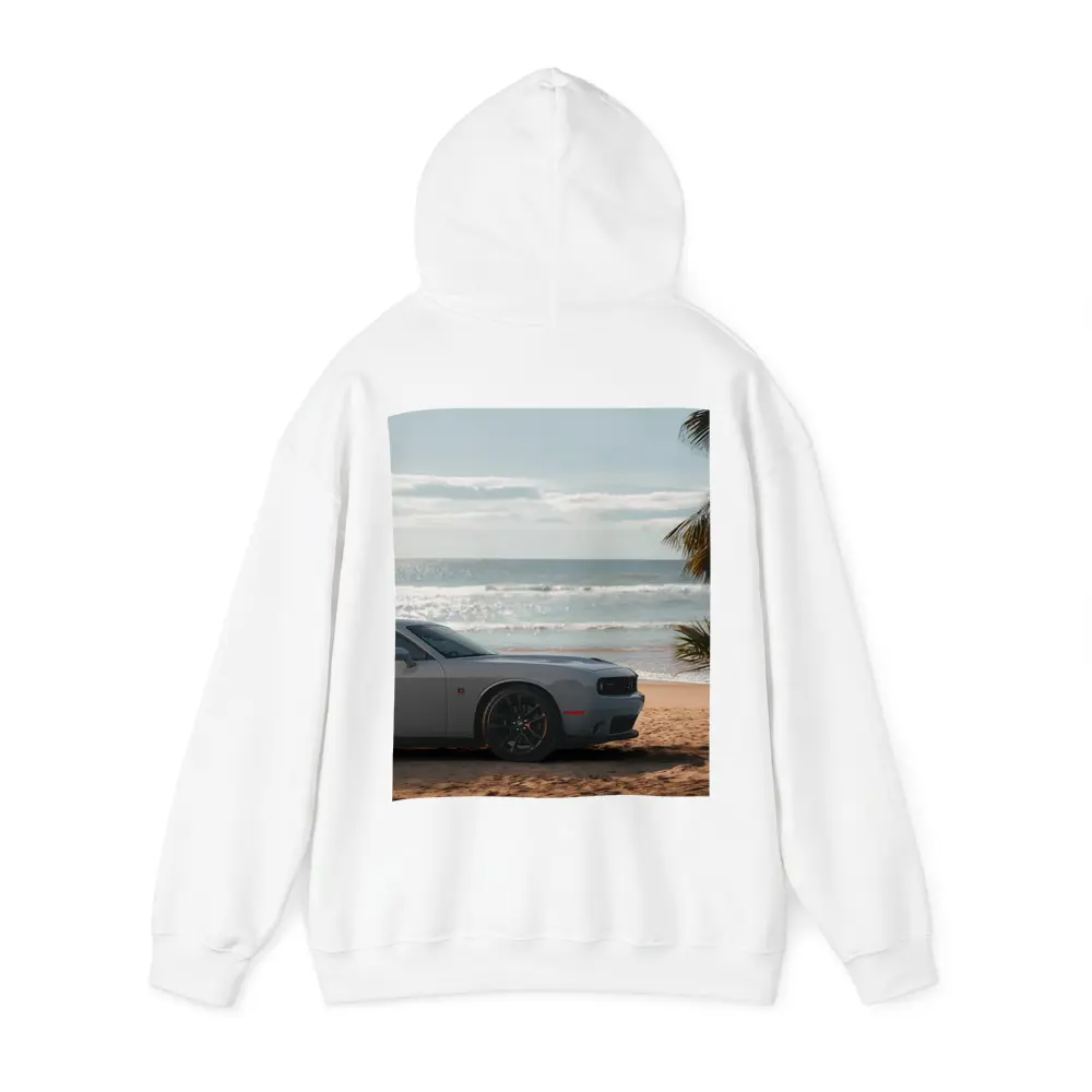 Dodge Challenger Gray Parked on Sunny Beach – Hoodies