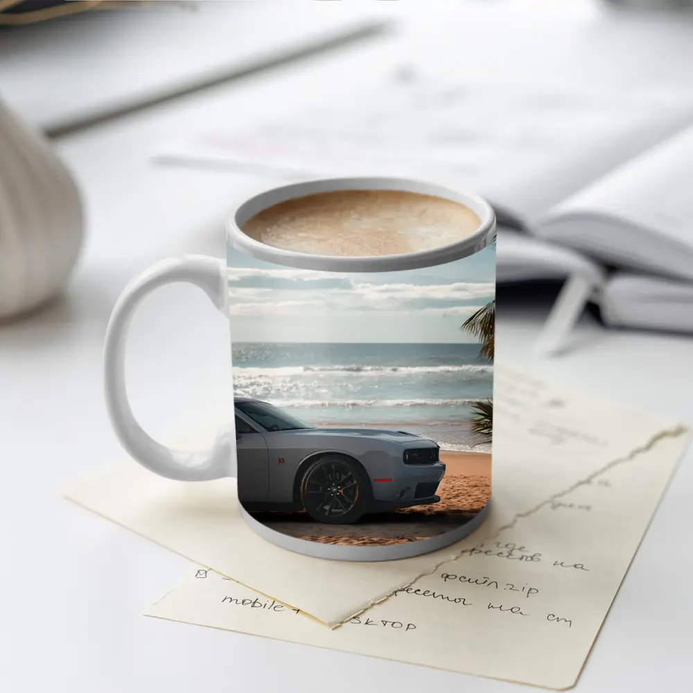 Dodge Challenger Gray Parked on Sunny Beach – Mugs
