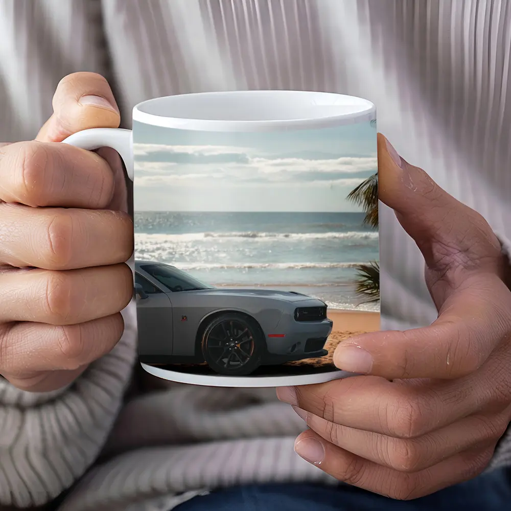 Dodge Challenger Gray Parked on Sunny Beach – Mugs