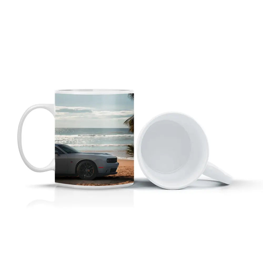 Dodge Challenger Gray Parked on Sunny Beach – Mugs