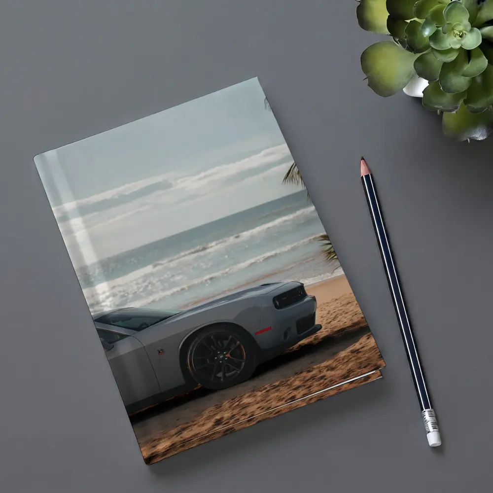 Dodge Challenger Gray Parked on Sunny Beach – Notebooks