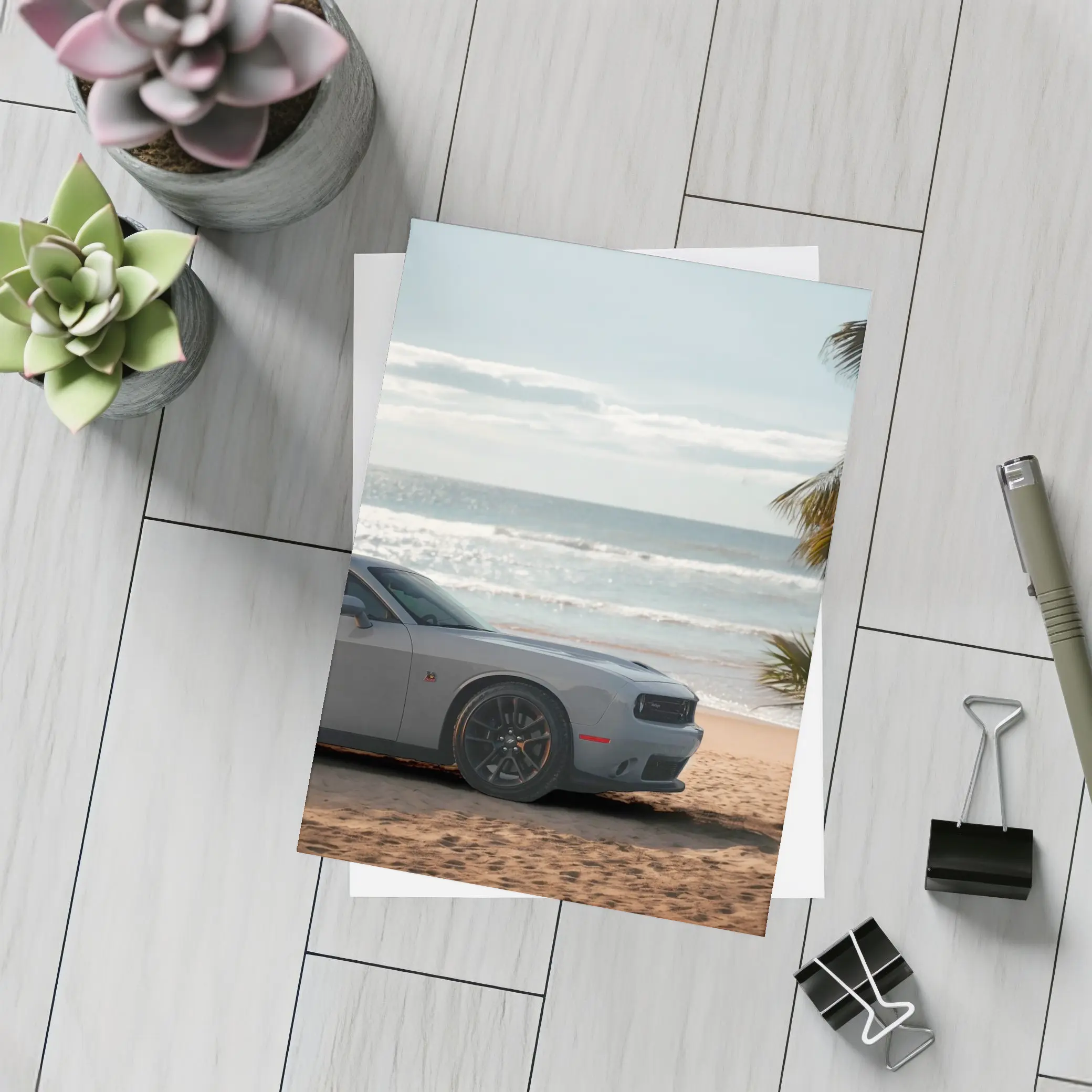Dodge Challenger Gray Parked on Sunny Beach – Postcards