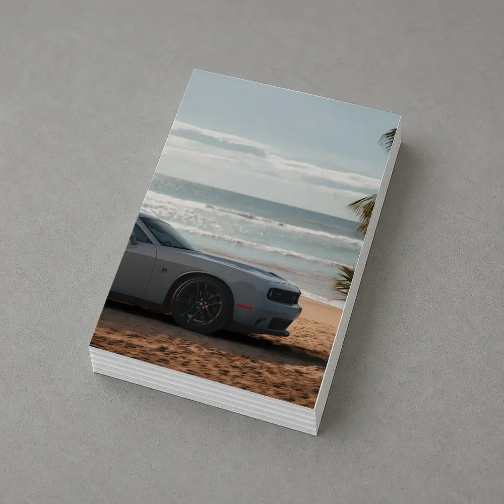 Dodge Challenger Gray Parked on Sunny Beach – Postcards