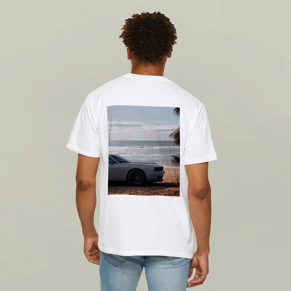 Dodge Challenger Gray Parked on Sunny Beach – T-Shirts