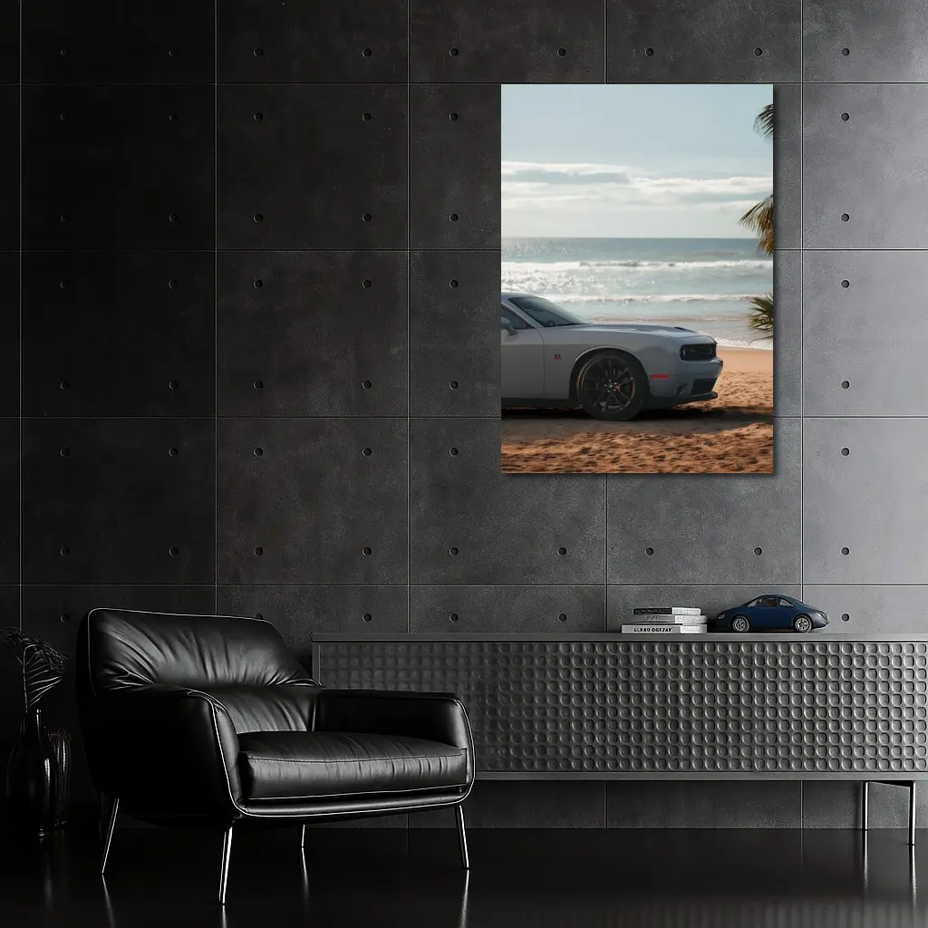 Dodge Challenger Gray Parked on Sunny Beach – Wall Art