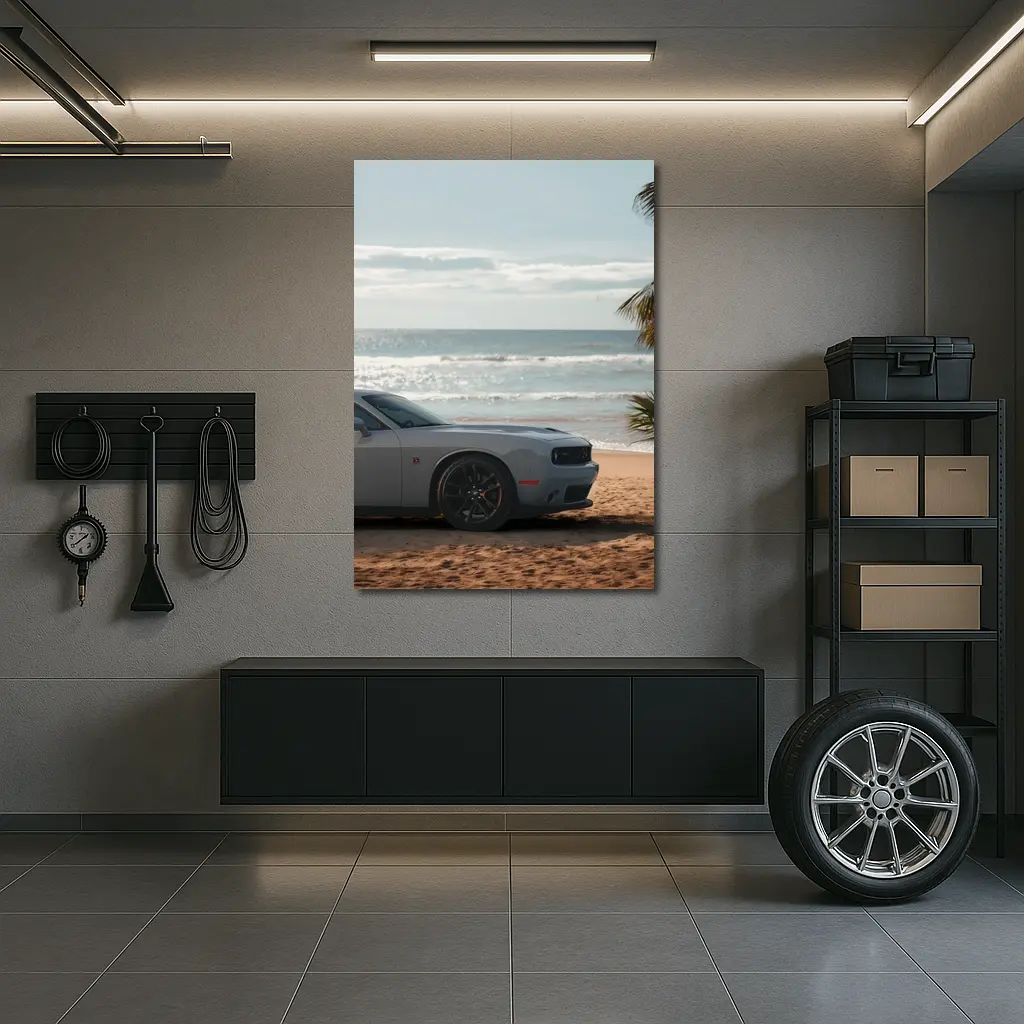 Dodge Challenger Gray Parked on Sunny Beach – Wall Art