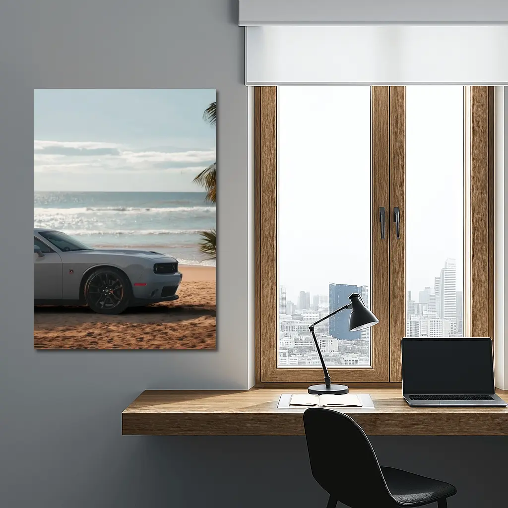 Dodge Challenger Gray Parked on Sunny Beach – Wall Art