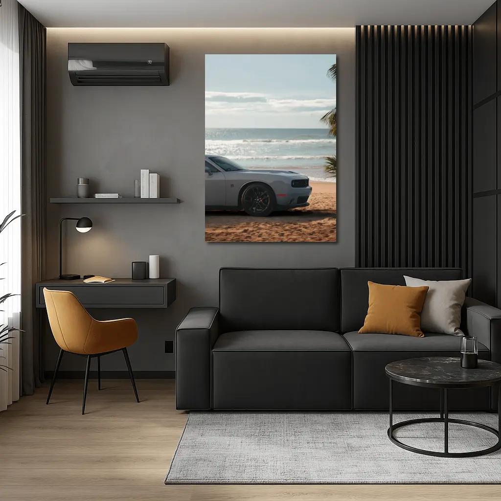 Dodge Challenger Gray Parked on Sunny Beach – Wall Art