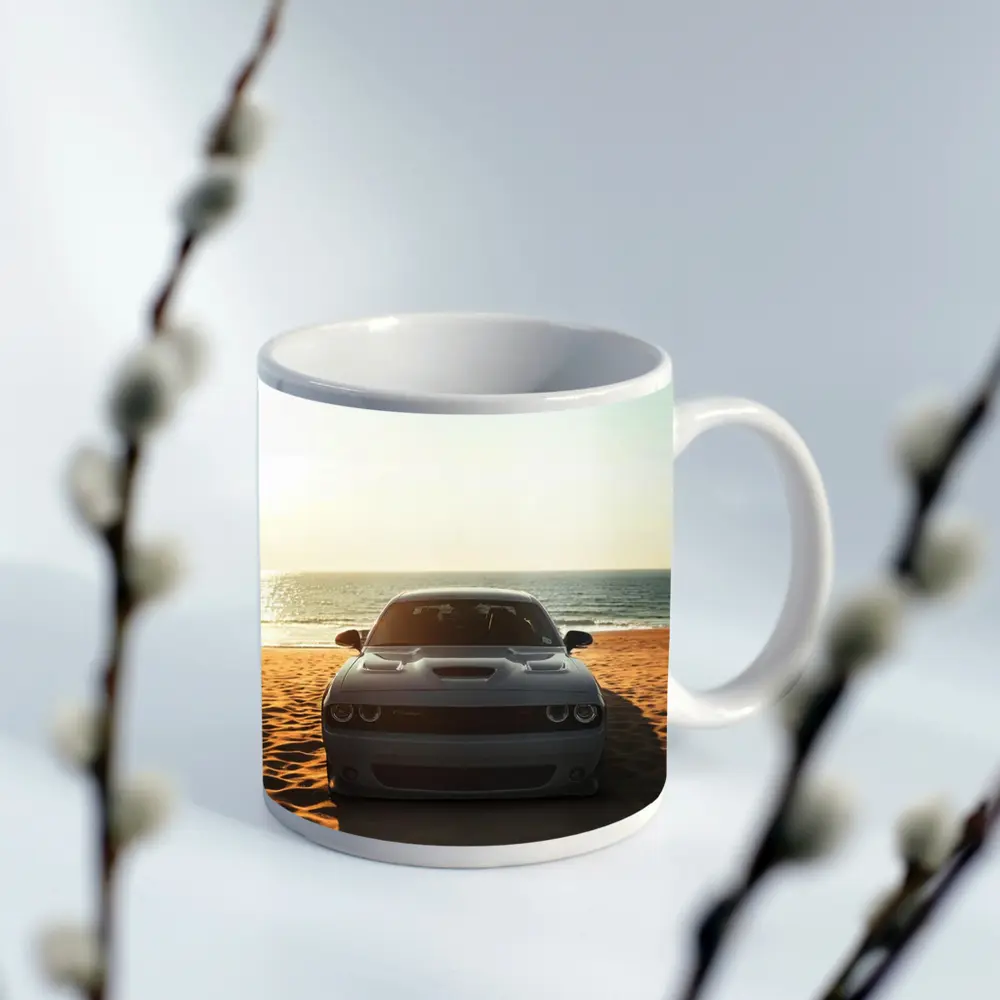 Dodge Challenger Gray Car Beach Ocean – Mugs