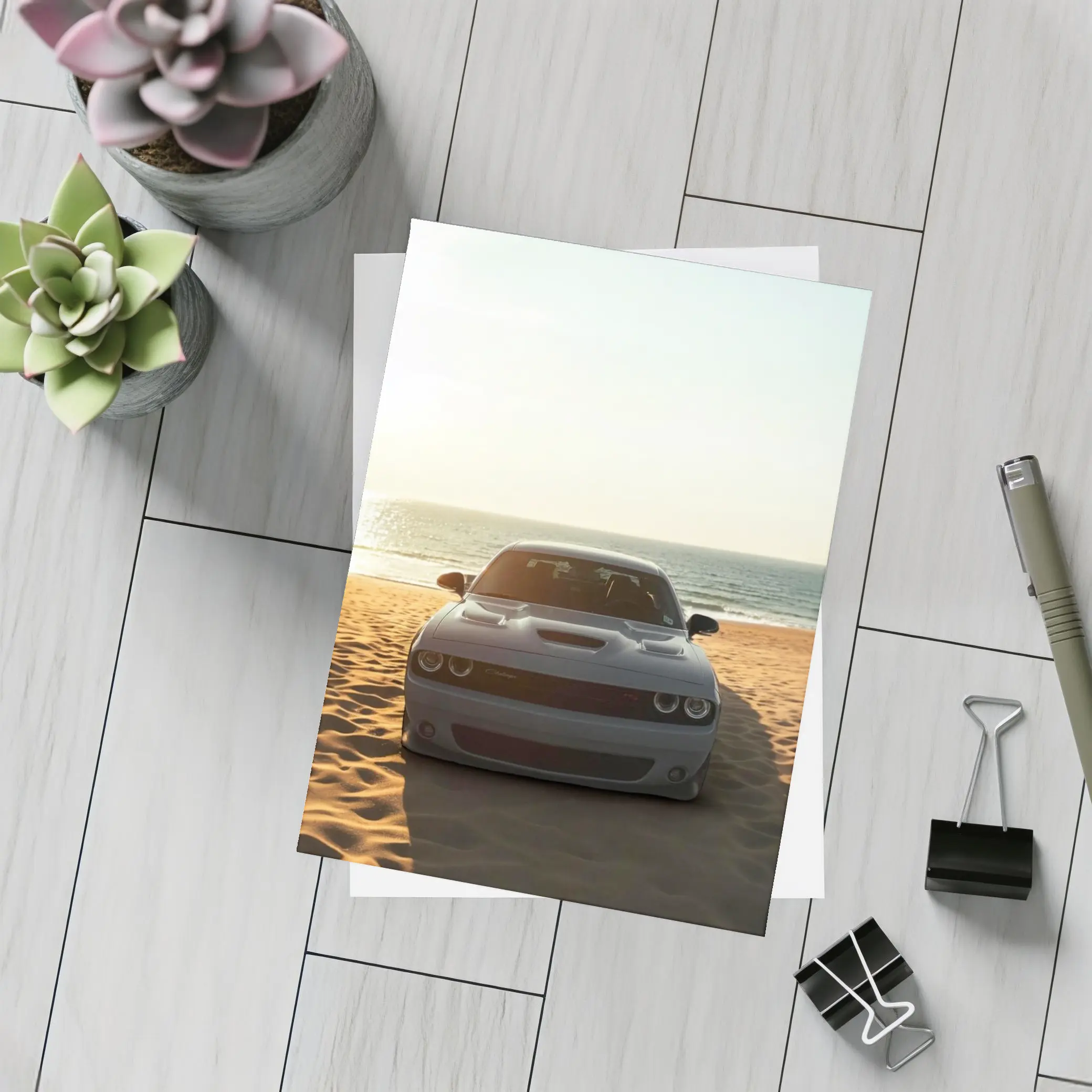 Dodge Challenger Gray Car Beach Ocean – Postcards