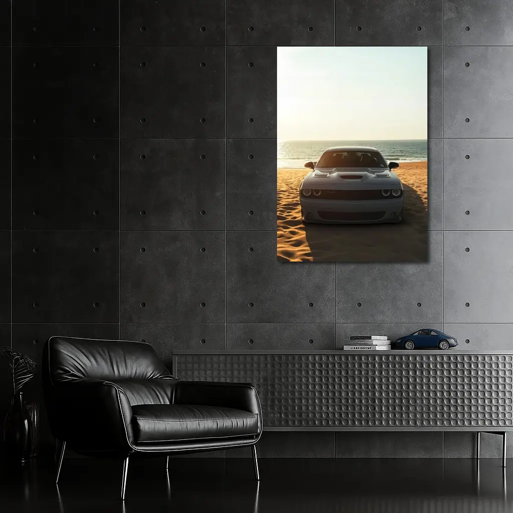 Dodge Challenger Gray Car Beach Ocean – Wall Art