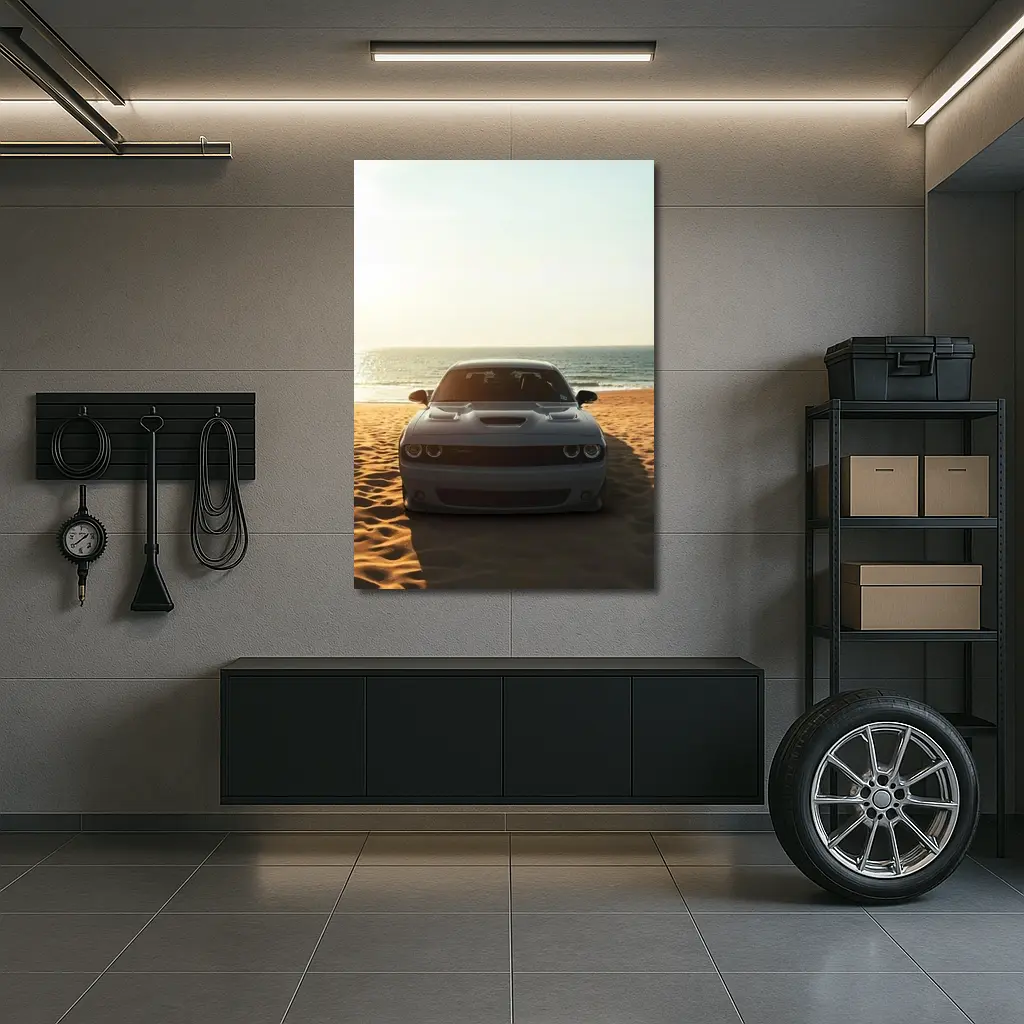 Dodge Challenger Gray Car Beach Ocean – Wall Art