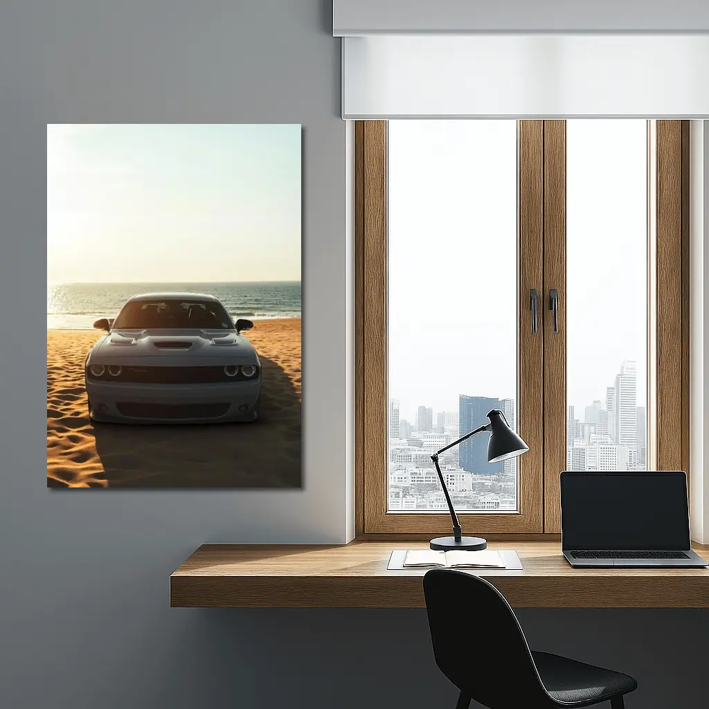 Dodge Challenger Gray Car Beach Ocean – Wall Art