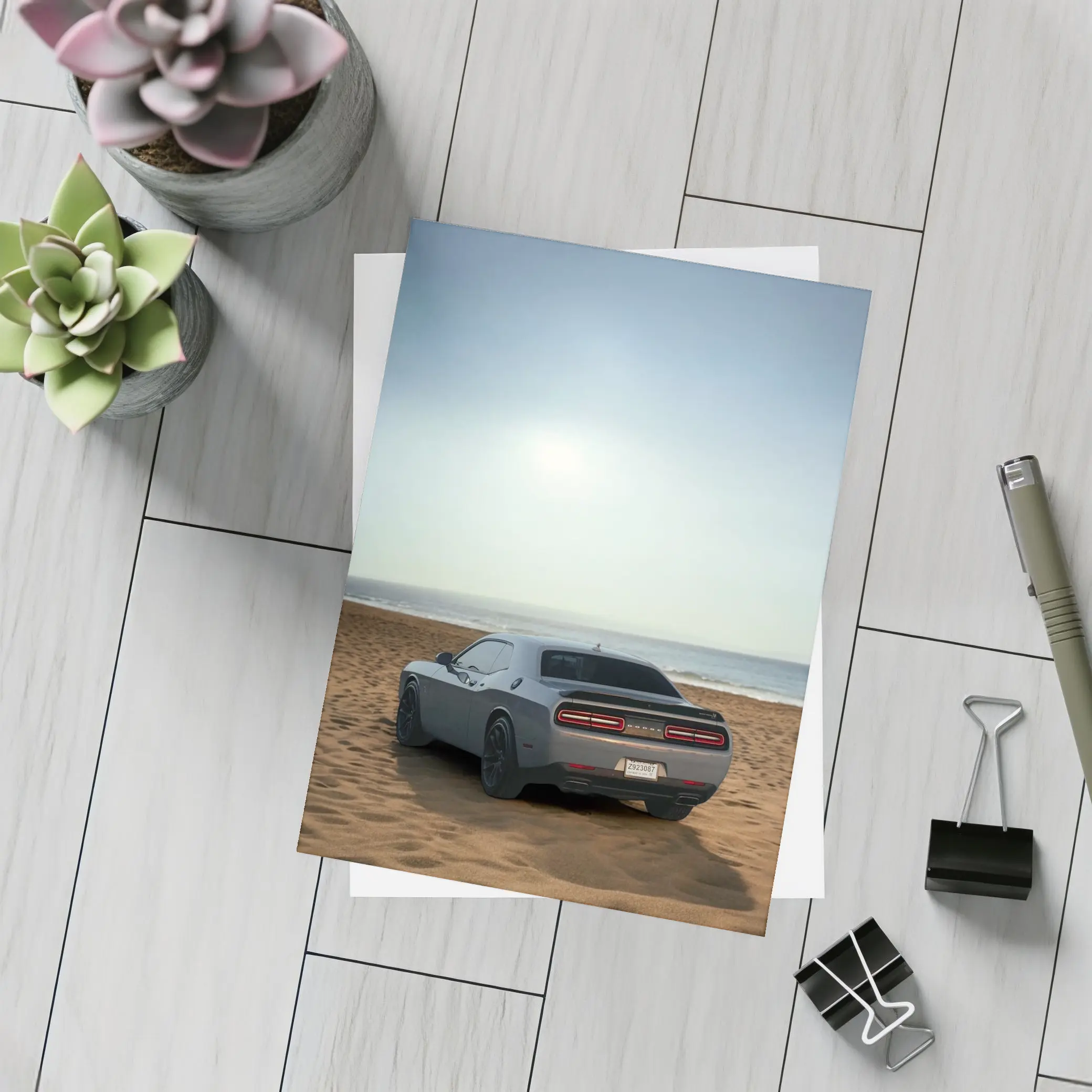 Dodge Challenger Gray Rear View Beach – Postcards