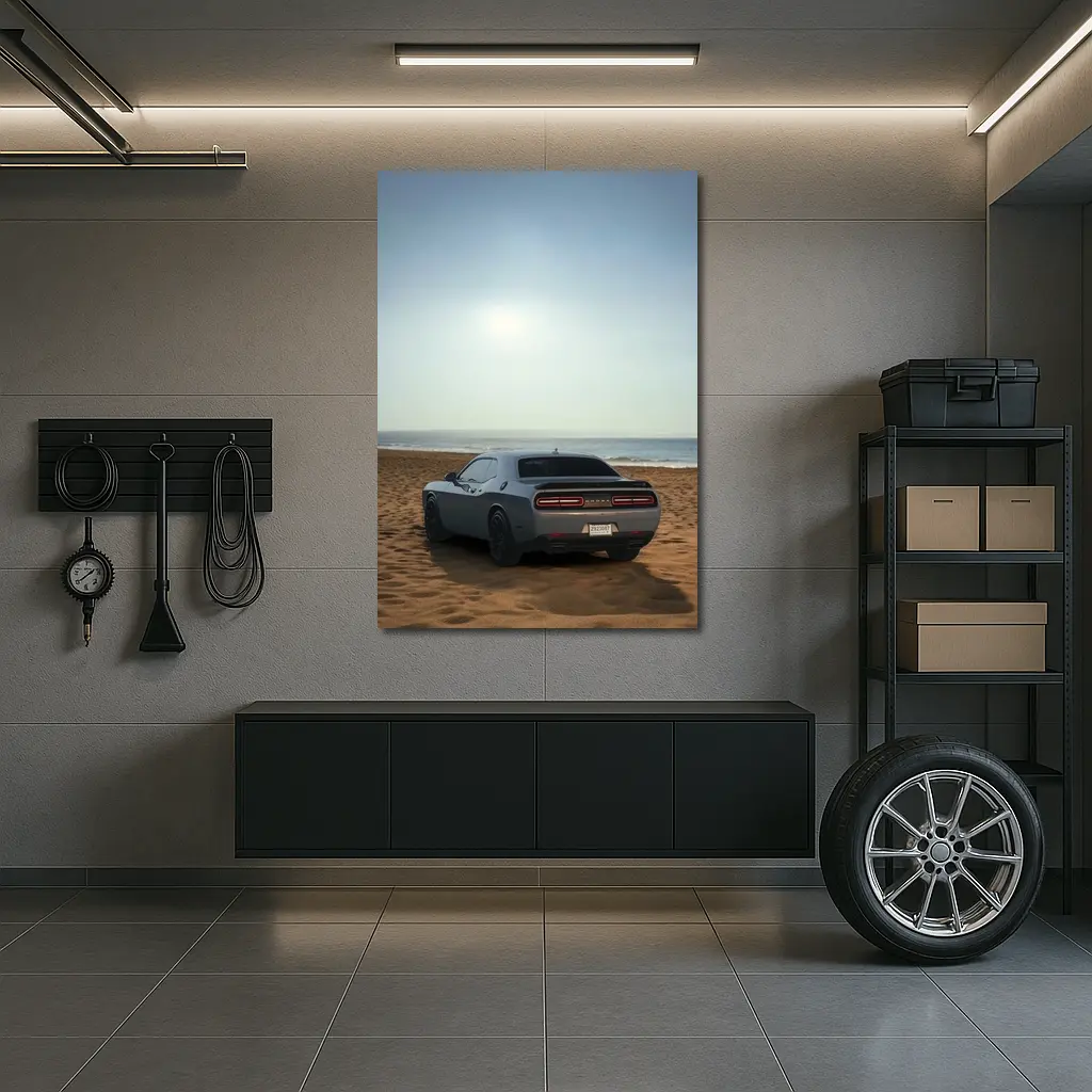 Dodge Challenger Gray Rear View Beach – Wall Art
