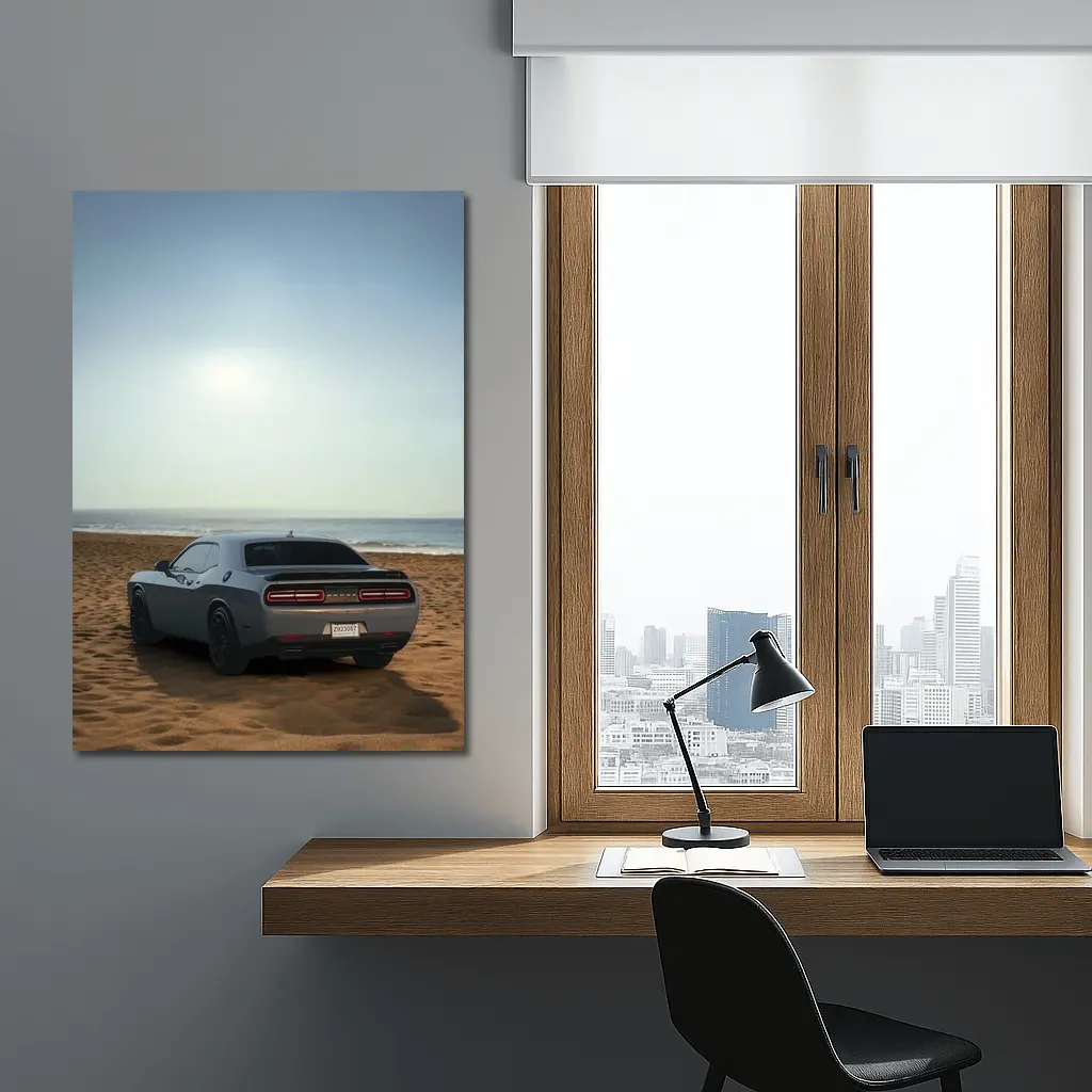 Dodge Challenger Gray Rear View Beach – Wall Art