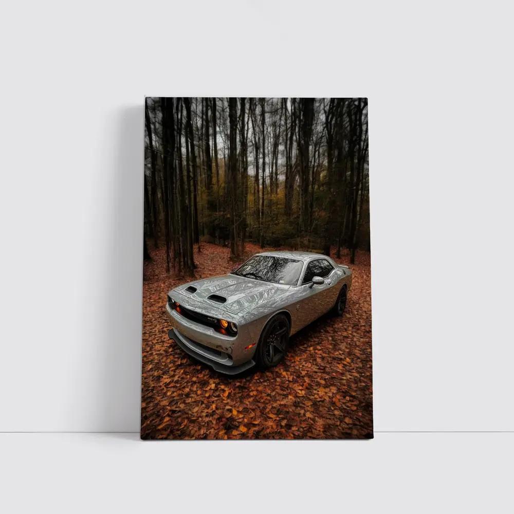 Dodge Challenger Silver Car Autumn Forest – Wall Art