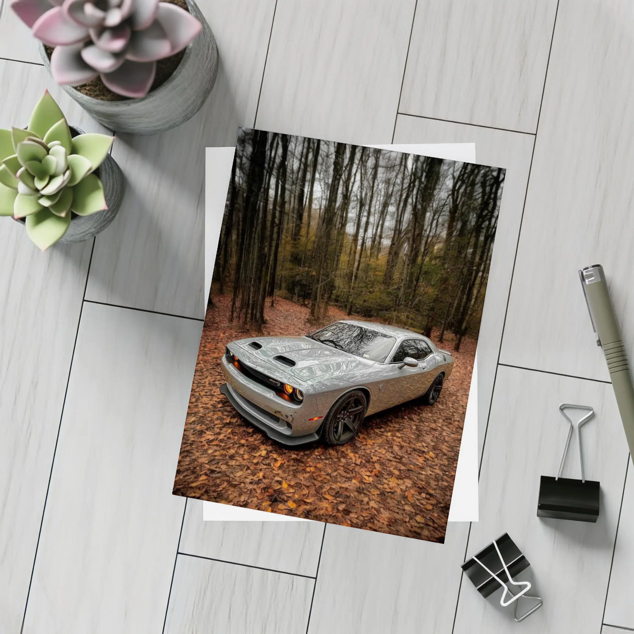 Dodge Challenger Silver Car Autumn Forest – Postcards