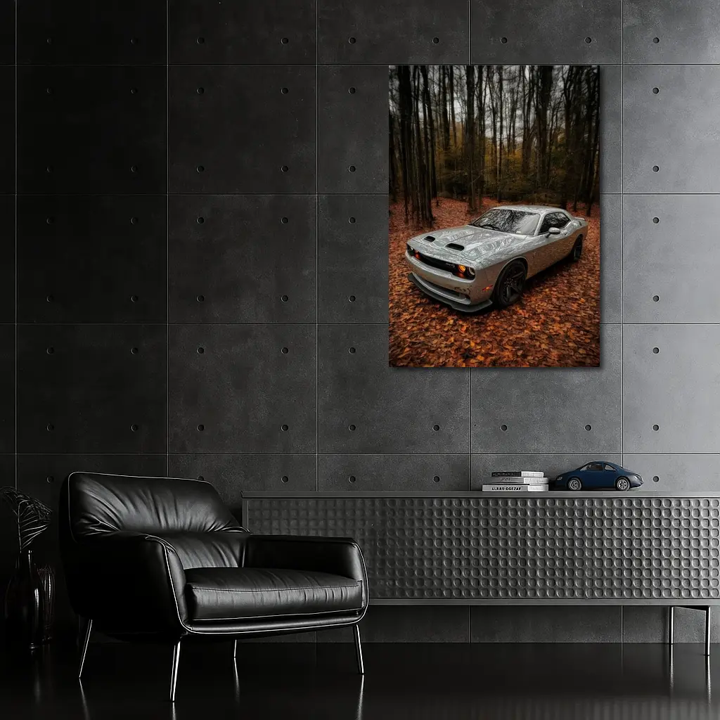 Dodge Challenger Silver Car Autumn Forest – Wall Art