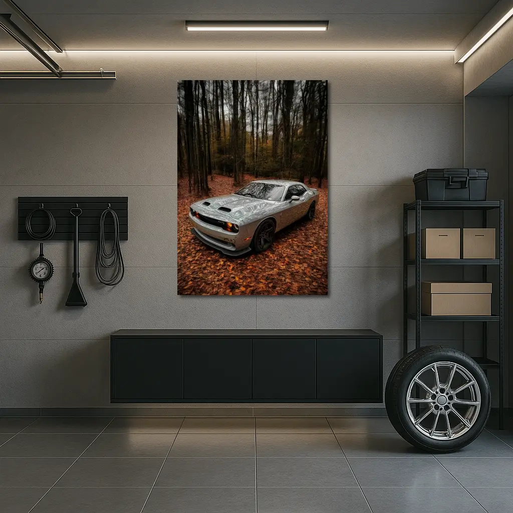 Dodge Challenger Silver Car Autumn Forest – Wall Art