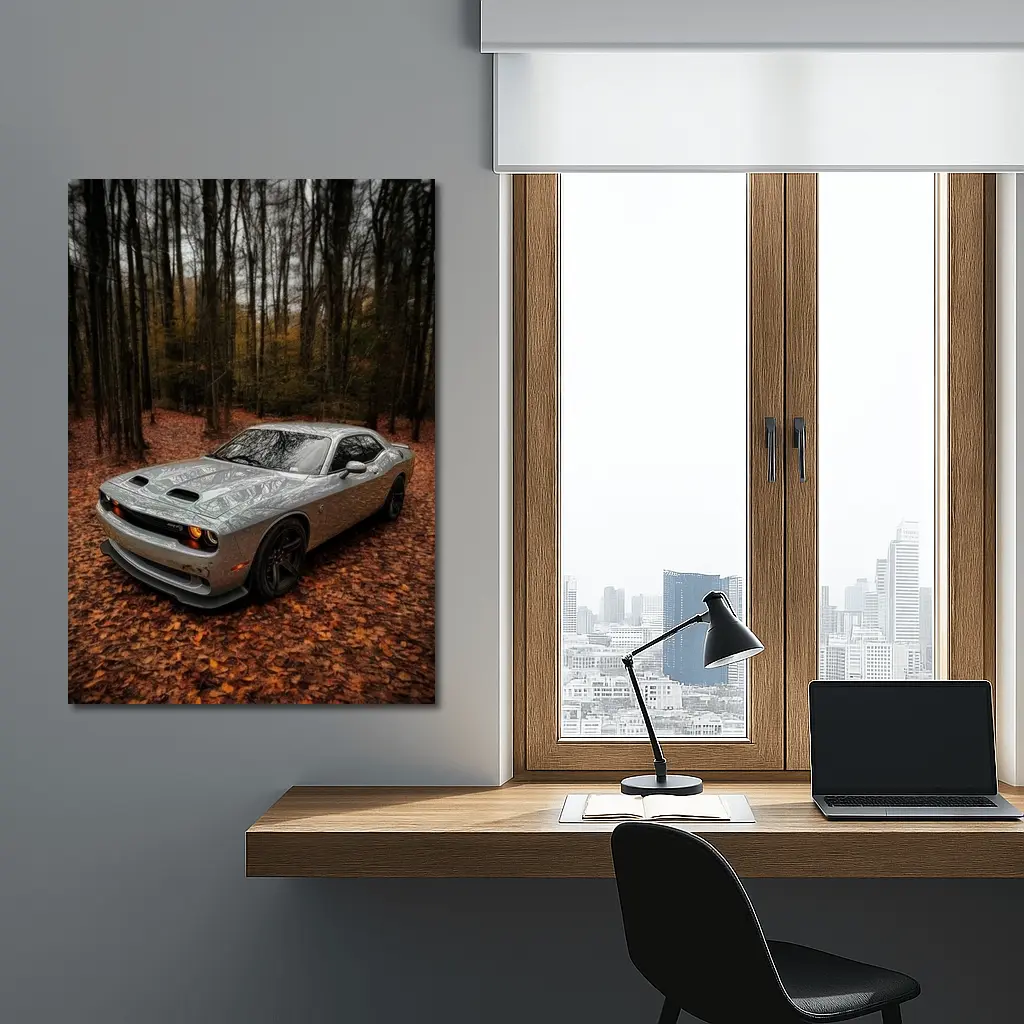 Dodge Challenger Silver Car Autumn Forest – Wall Art