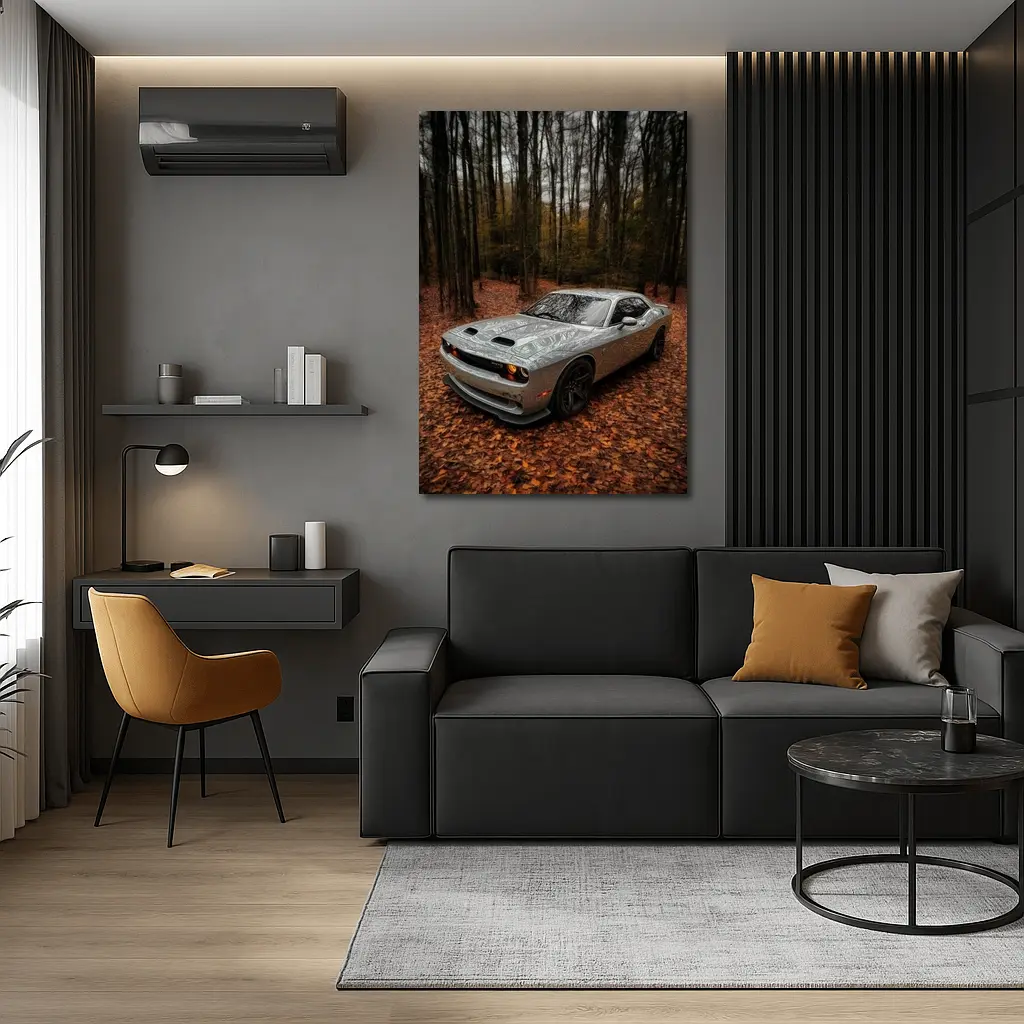 Dodge Challenger Silver Car Autumn Forest – Wall Art