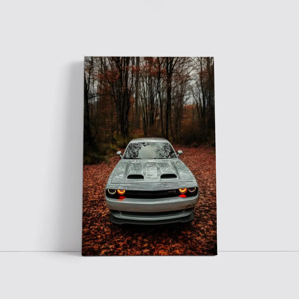 Dodge Challenger Gray Muscle Car Autumn Forest – Wall Art