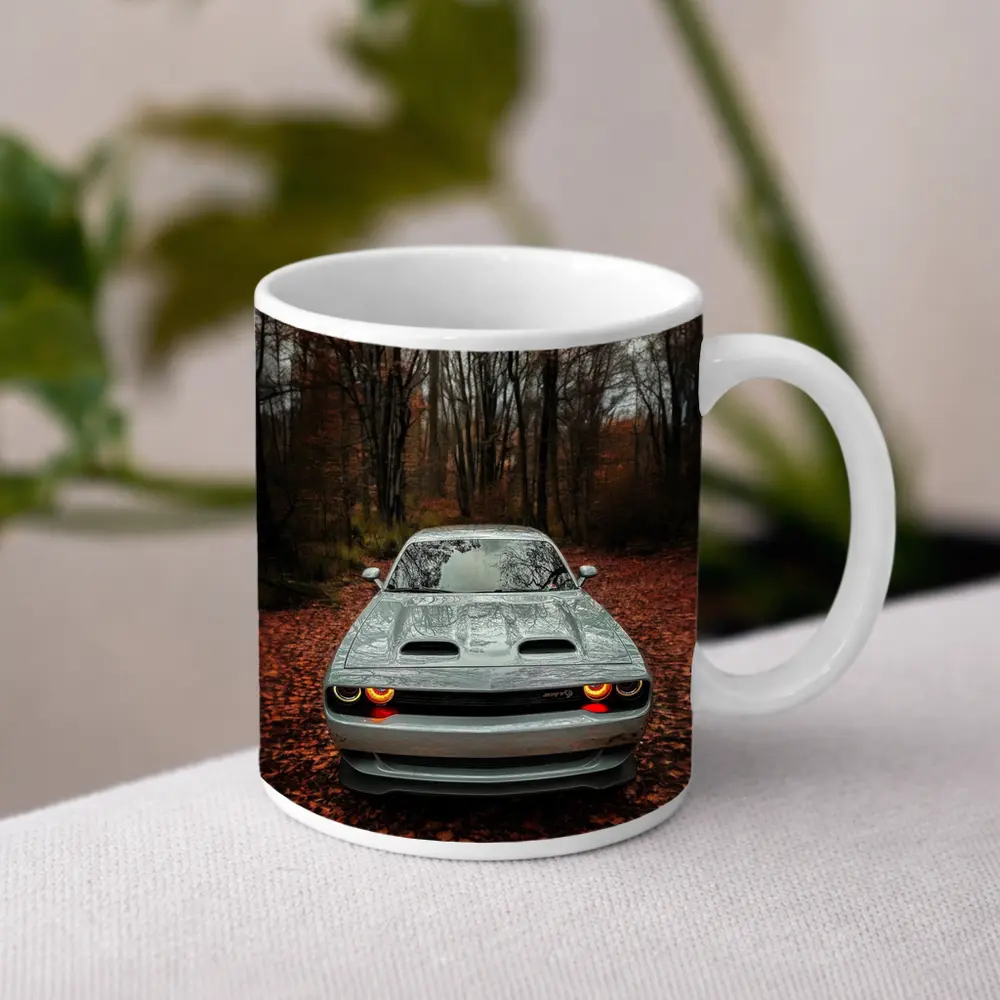 Dodge Challenger Gray Muscle Car Autumn Forest – Mugs