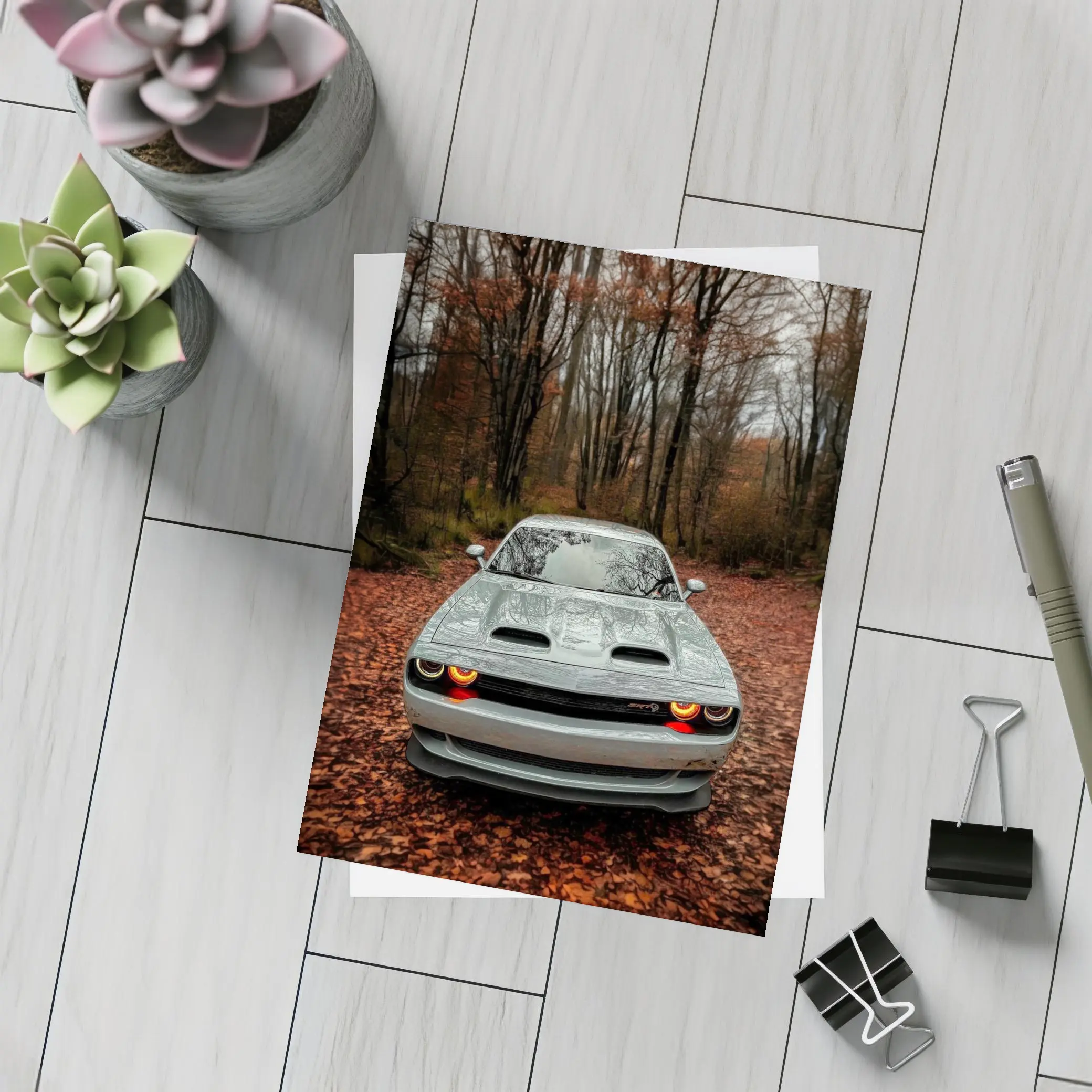 Dodge Challenger Gray Muscle Car Autumn Forest – Postcards