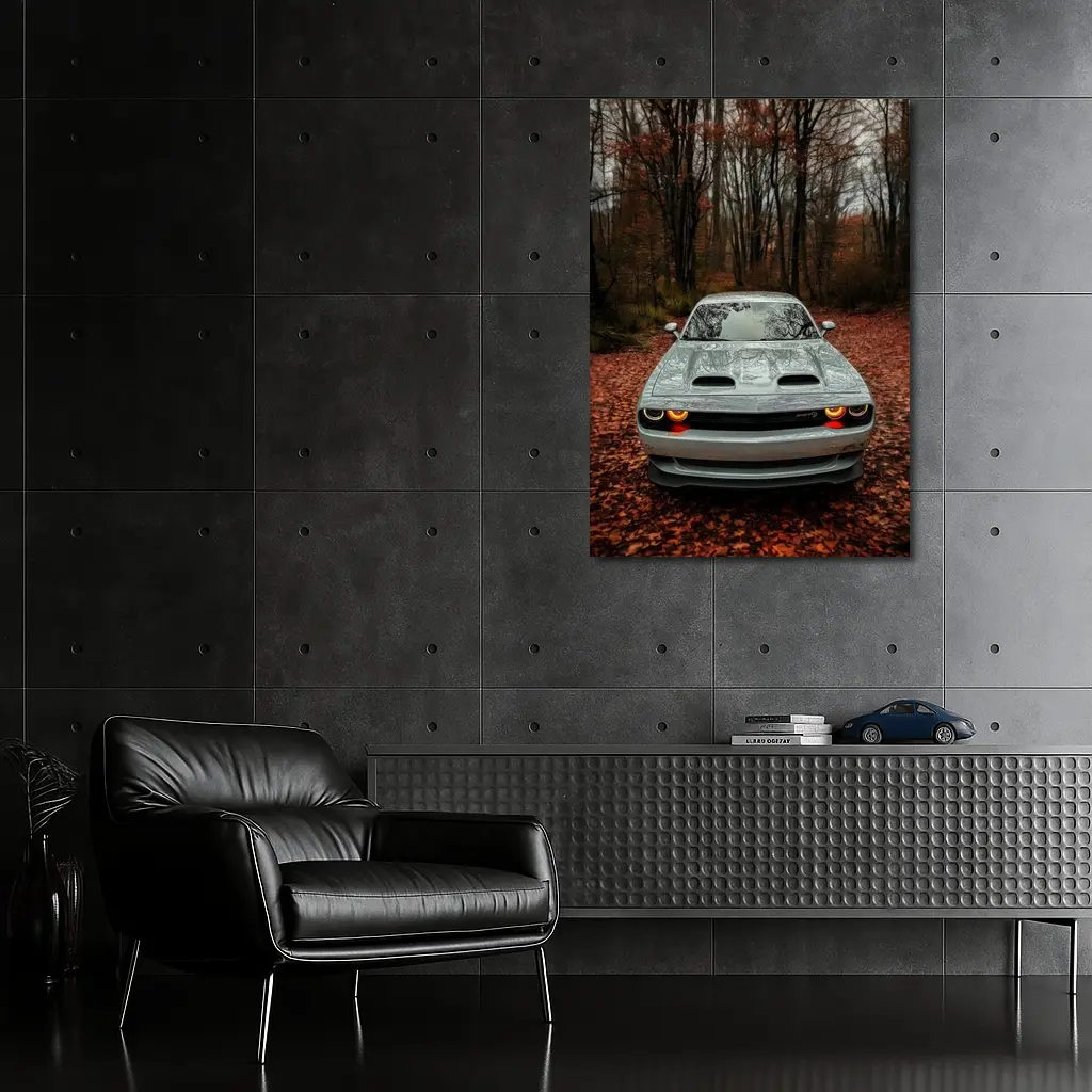 Dodge Challenger Gray Muscle Car Autumn Forest – Wall Art