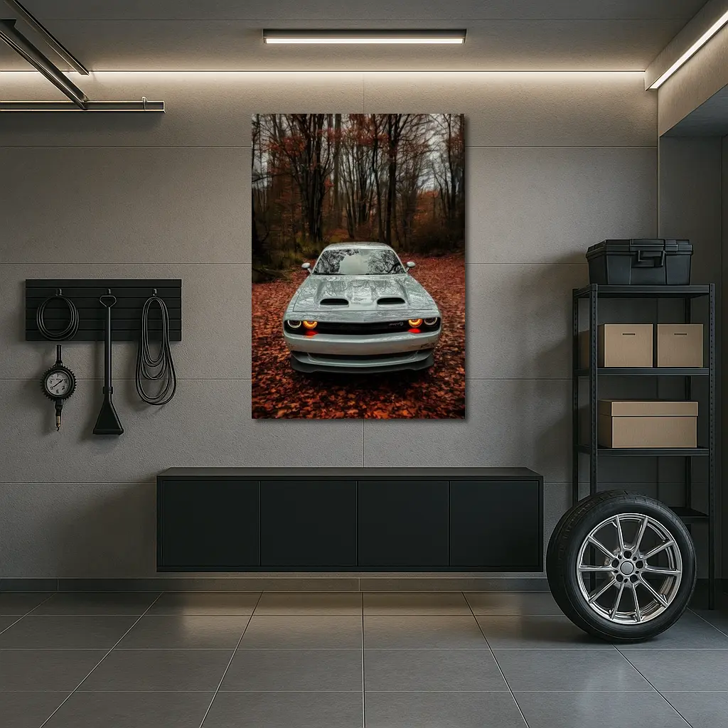 Dodge Challenger Gray Muscle Car Autumn Forest – Wall Art