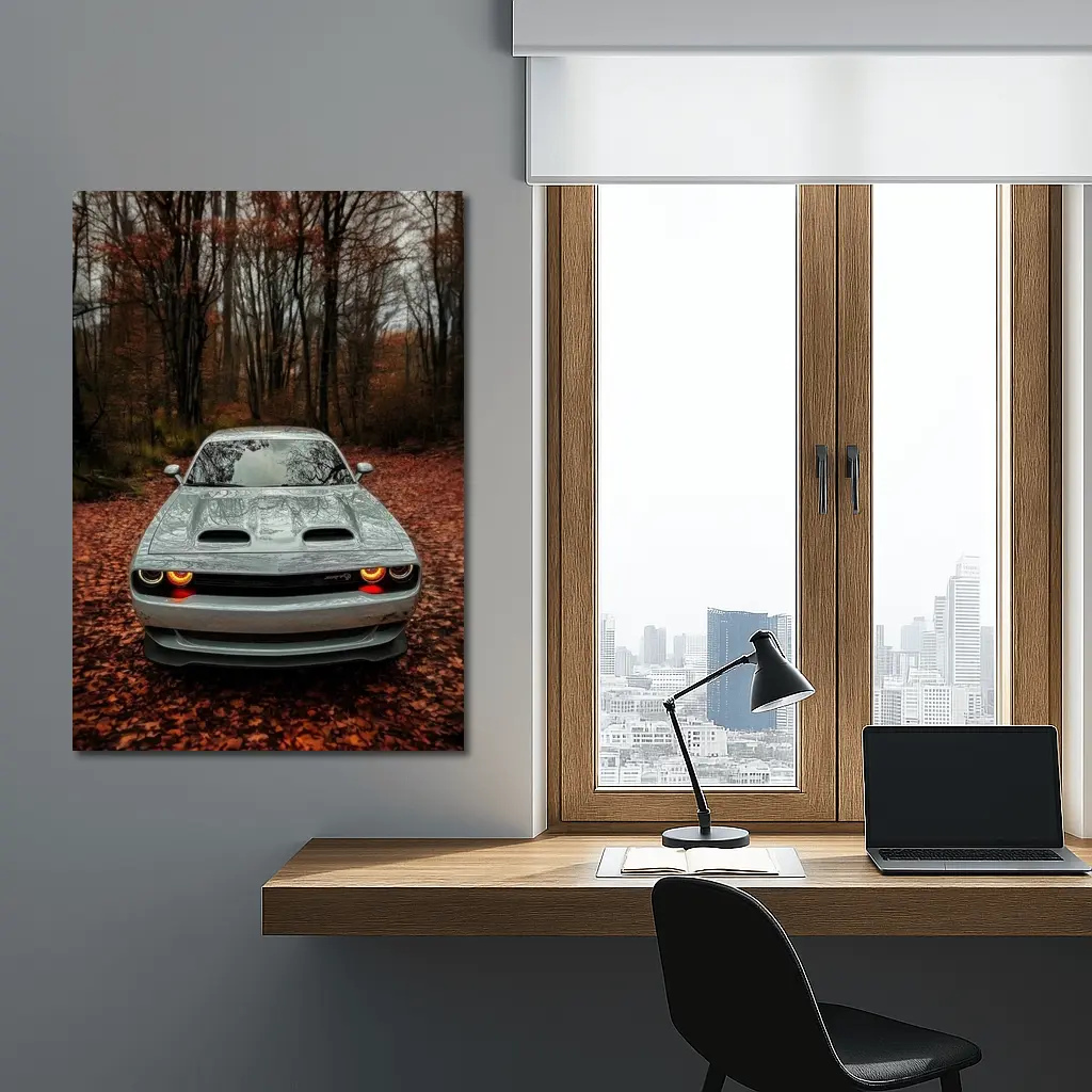 Dodge Challenger Gray Muscle Car Autumn Forest – Wall Art