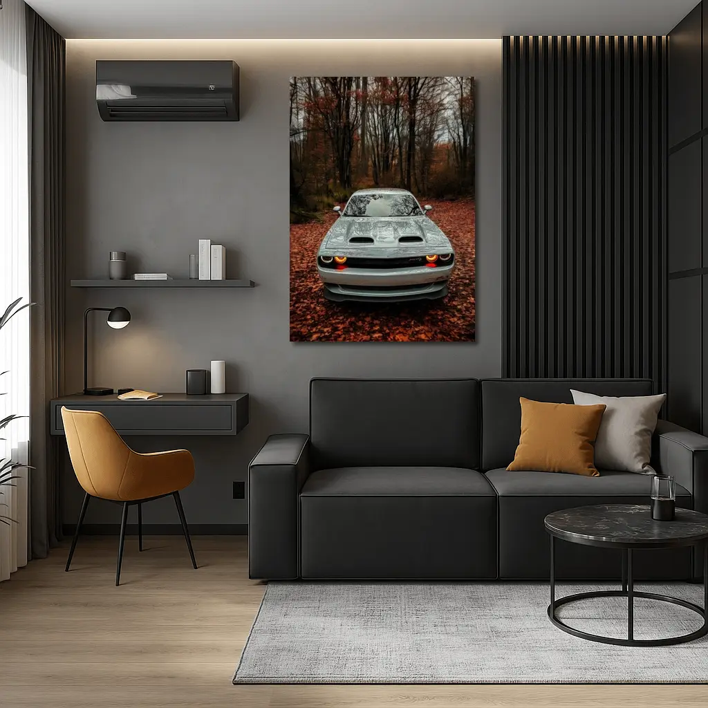 Dodge Challenger Gray Muscle Car Autumn Forest – Wall Art