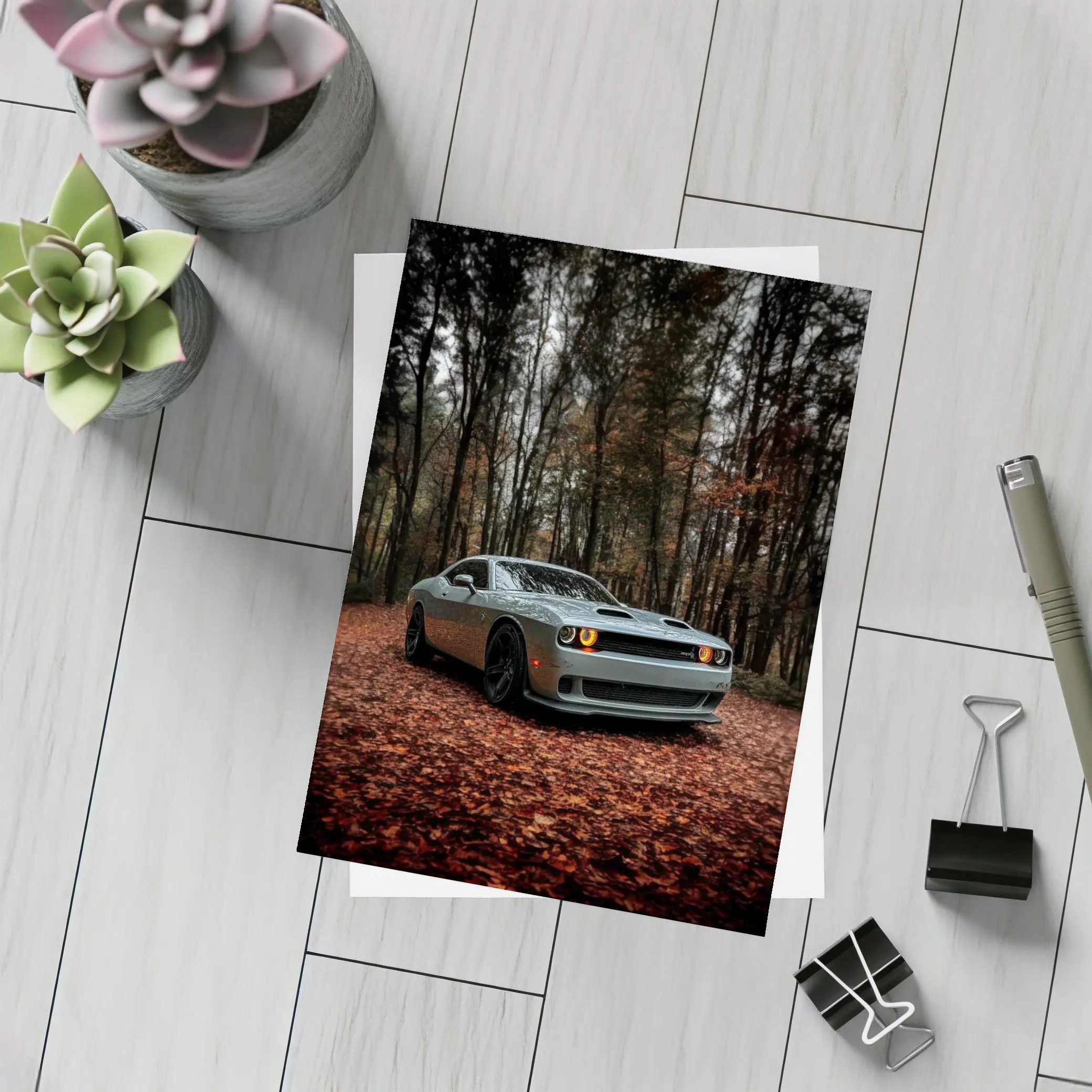 Dodge Challenger Silver Car Autumn Forest – Postcards