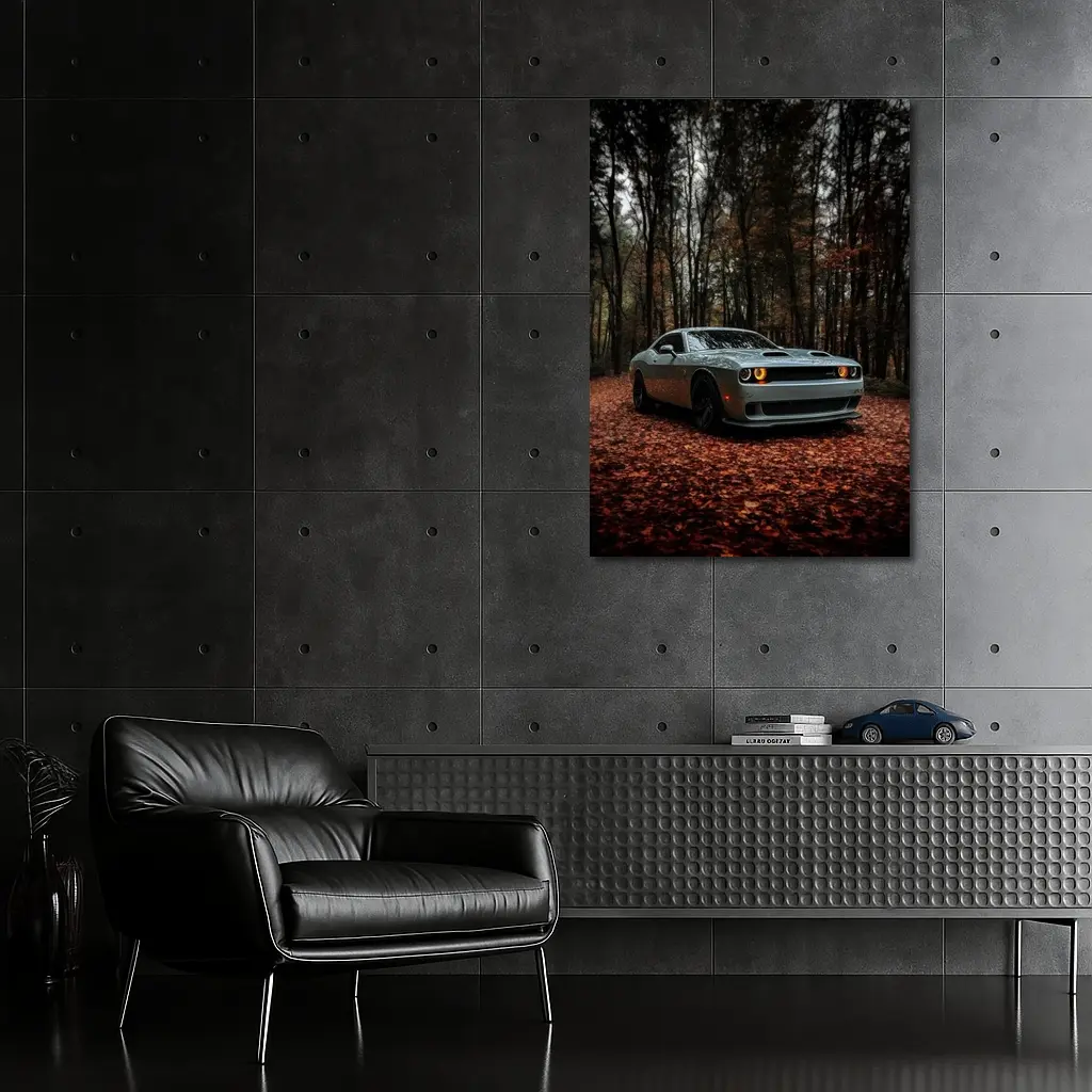 Dodge Challenger Silver Car Autumn Forest – Wall Art