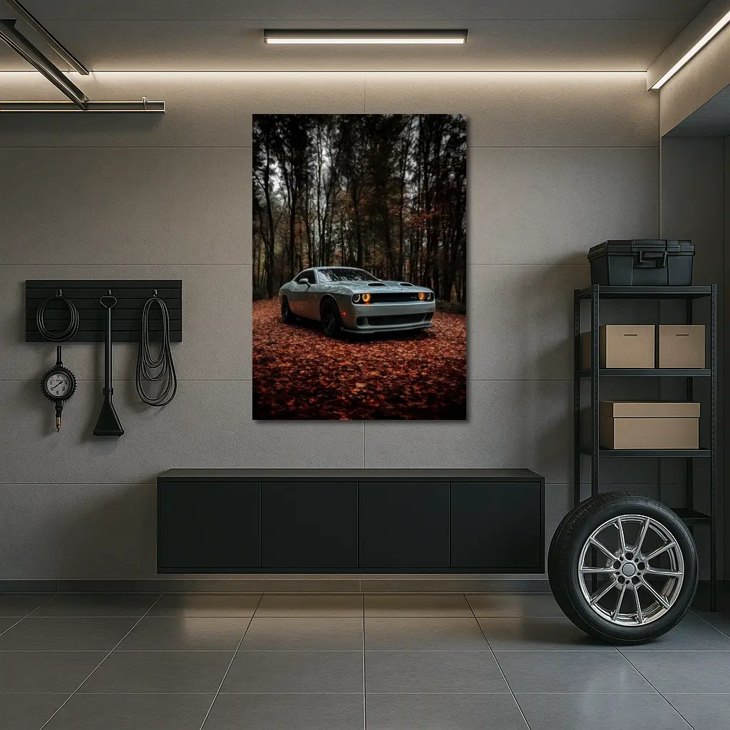 Dodge Challenger Silver Car Autumn Forest – Wall Art