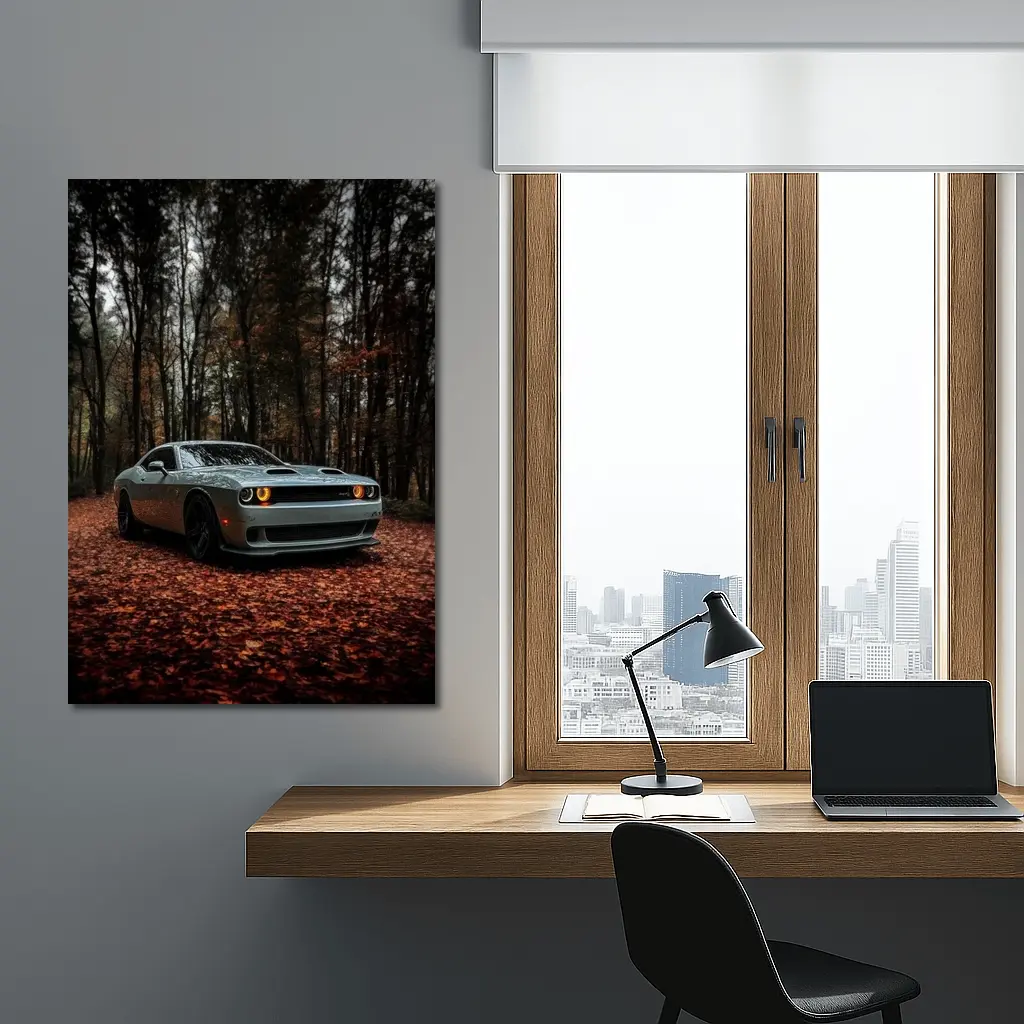 Dodge Challenger Silver Car Autumn Forest – Wall Art