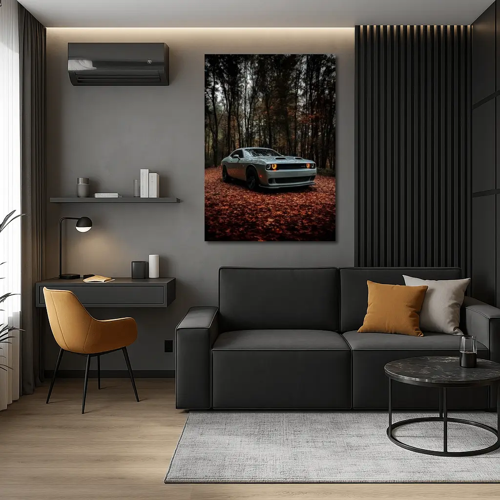 Dodge Challenger Silver Car Autumn Forest – Wall Art