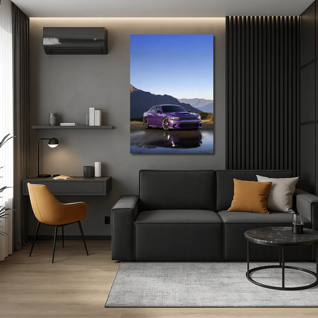 Dodge Charger Purple Muscle Car Mountain Background – Wall Art