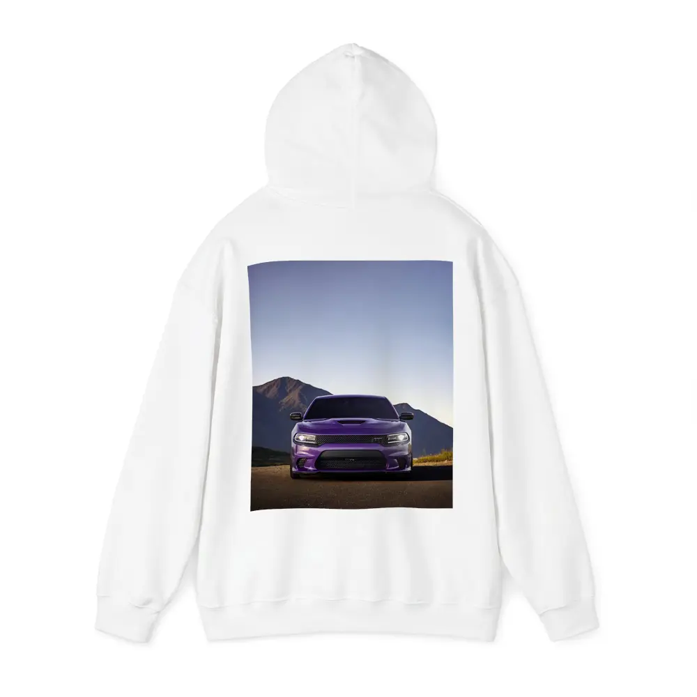 Dodge Charger Purple Front View Mountain Road – Hoodies