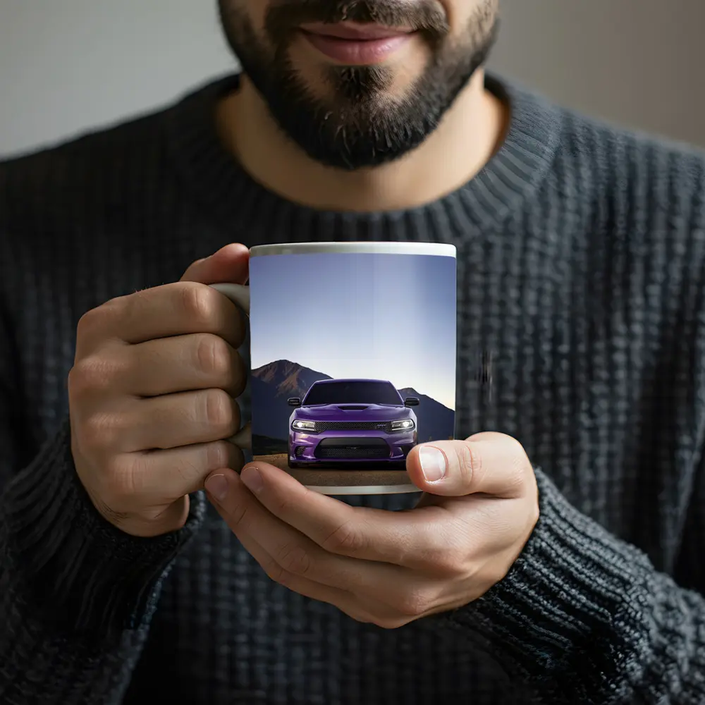Dodge Charger Purple Front View Mountain Road – Mugs