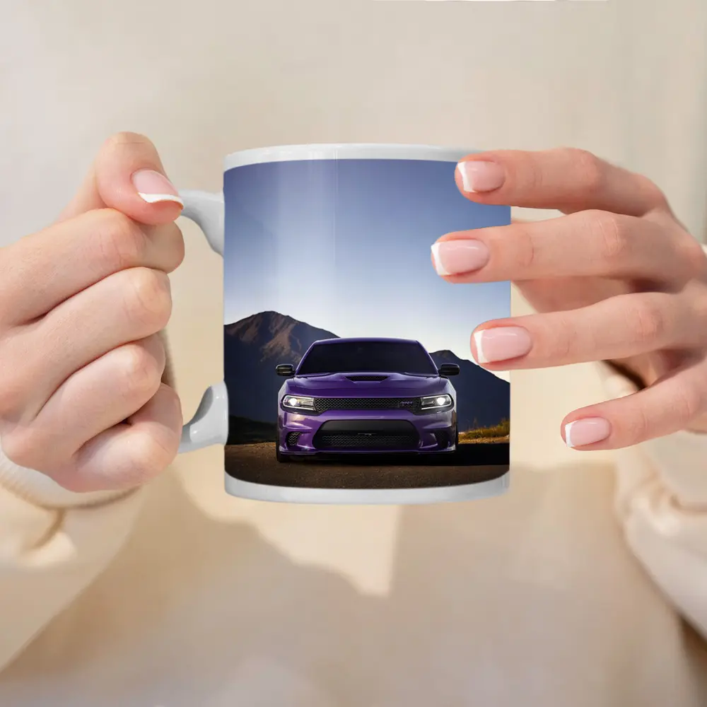 Dodge Charger Purple Front View Mountain Road – Mugs