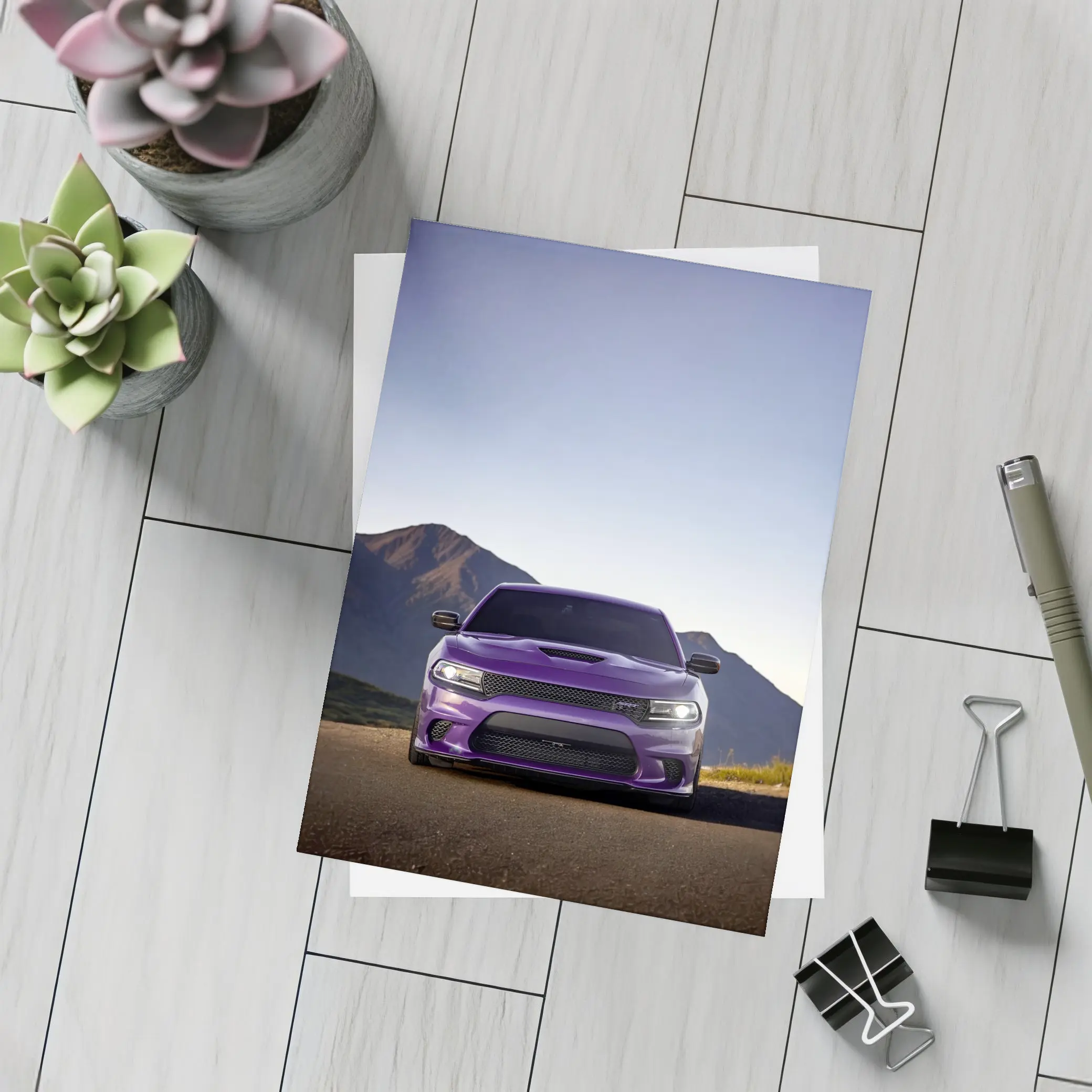 Dodge Charger Purple Front View Mountain Road – Postcards